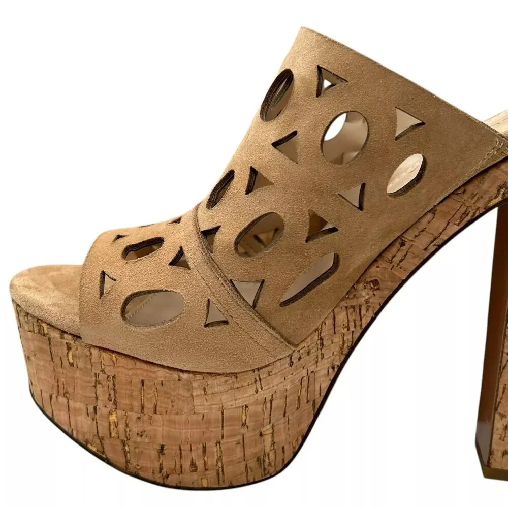 Pelle Moda Peep Toe Women’s Sandal Size 8.5 Latte Suede Cork Platform Block Heel